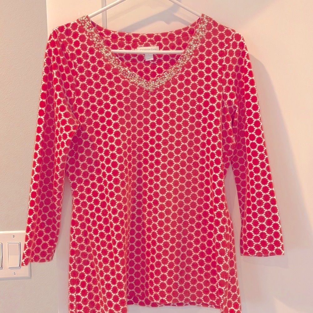 Charter club cotton top with embellished neck size S
